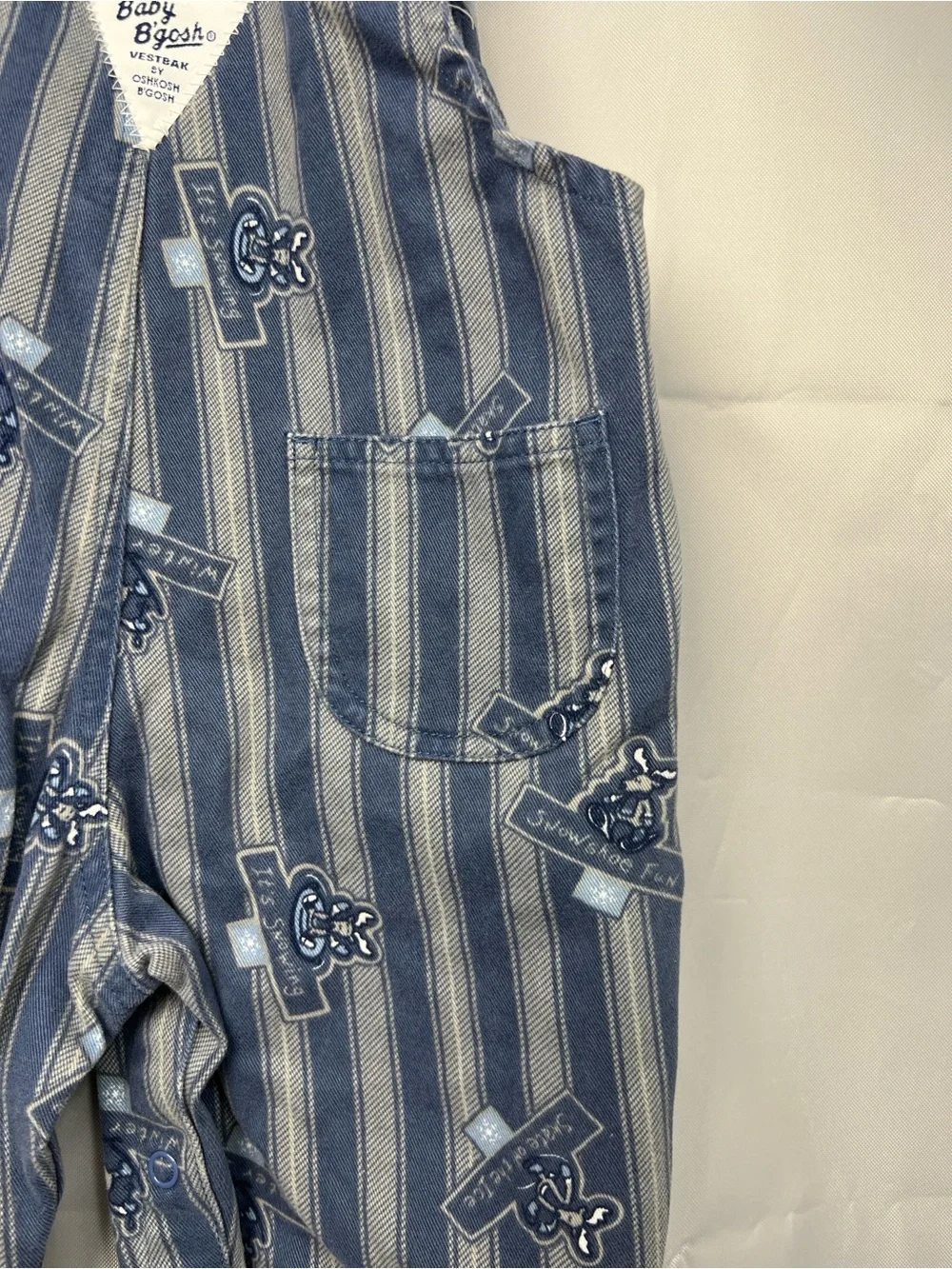 Baby B’Gosh Vestbak blue and gray striped snowshoe fun vintage overalls 12 month